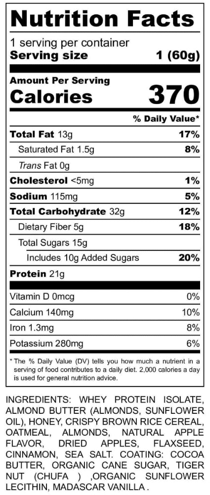 Nutrition facts for On Trail Nutrition Apple Cinnamon protein bar
