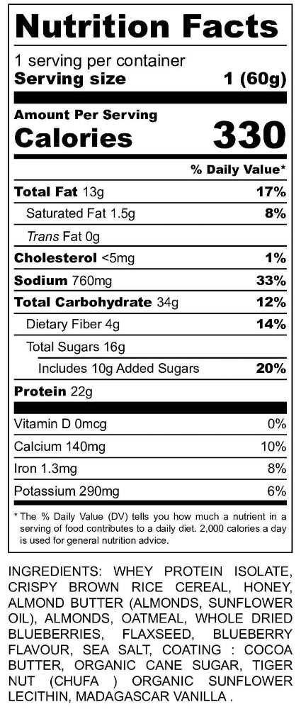 Nutrition facts for On Trail Nutrition Blueberry protein bar