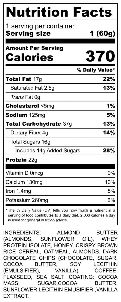 Nutrition facts for On Trail Nutrition Dark Chocolate Oat protein bar